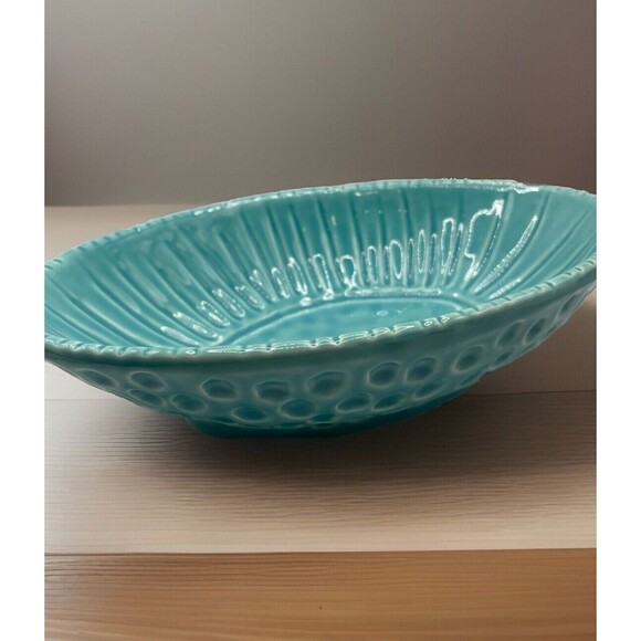 Italian Turquoise Majoliche Jessica Dimpled Oval Serving Bowl Dish Trinket 9x6 - Picture 2 of 4